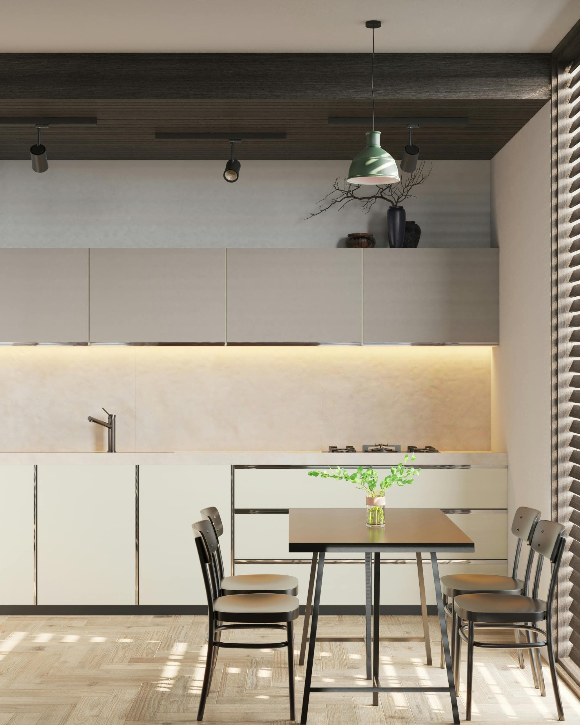 Cocina integral con frentes blancos y barra de madera